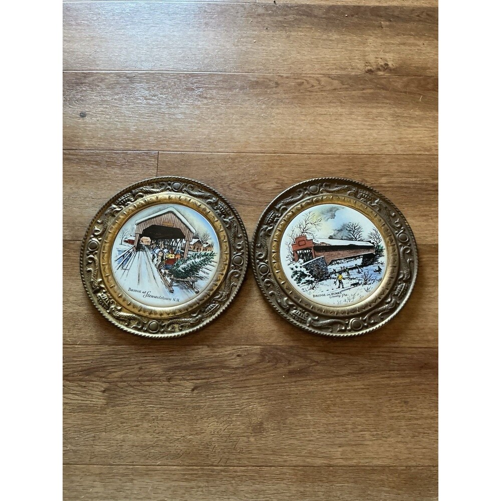 Vintage Covered Bridge Wall Plaques Lot 2 Eric Sloane England Ornate Metal 9”